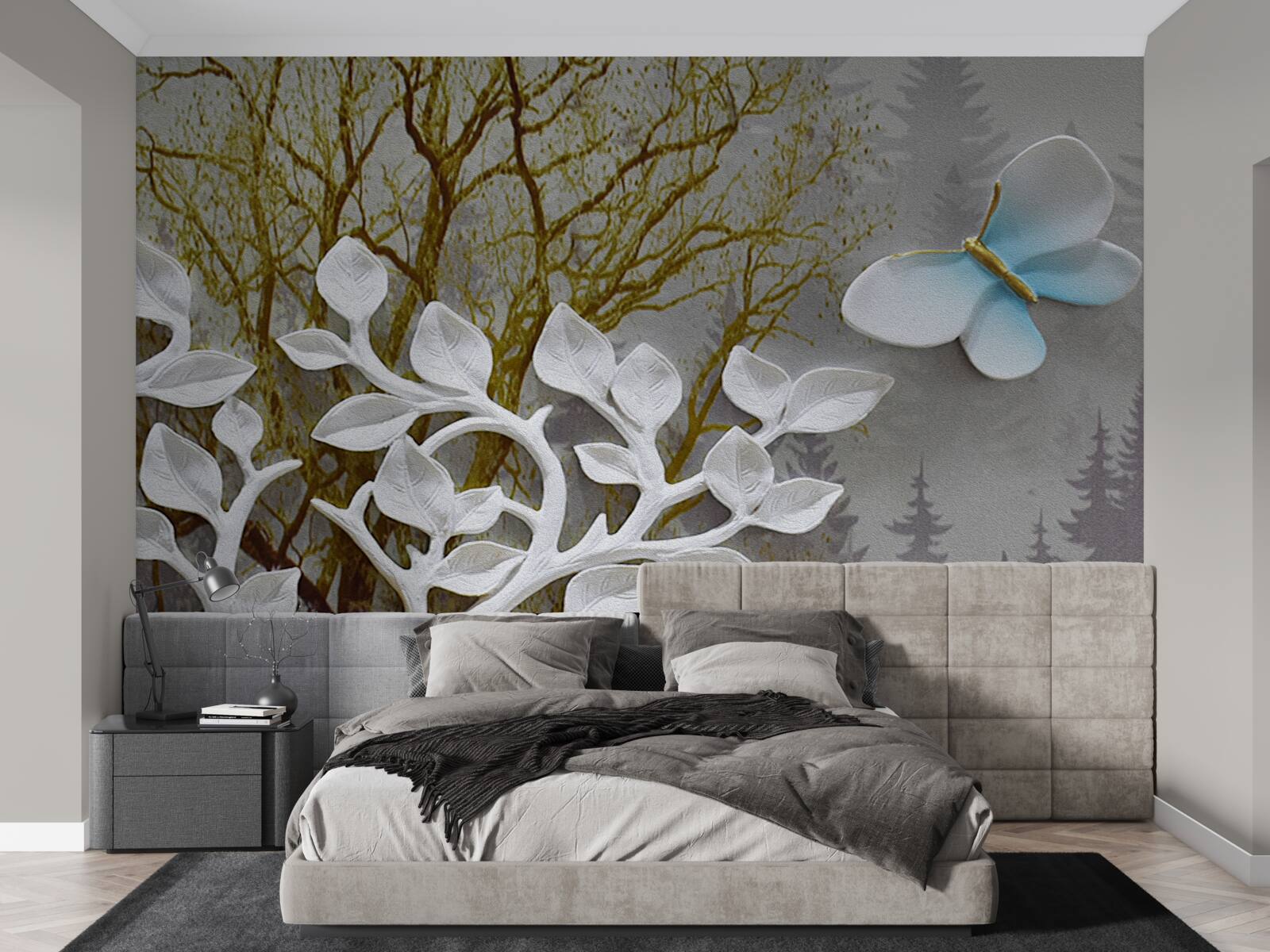 Fototapeta motýľ sedí na bielom konári v lese