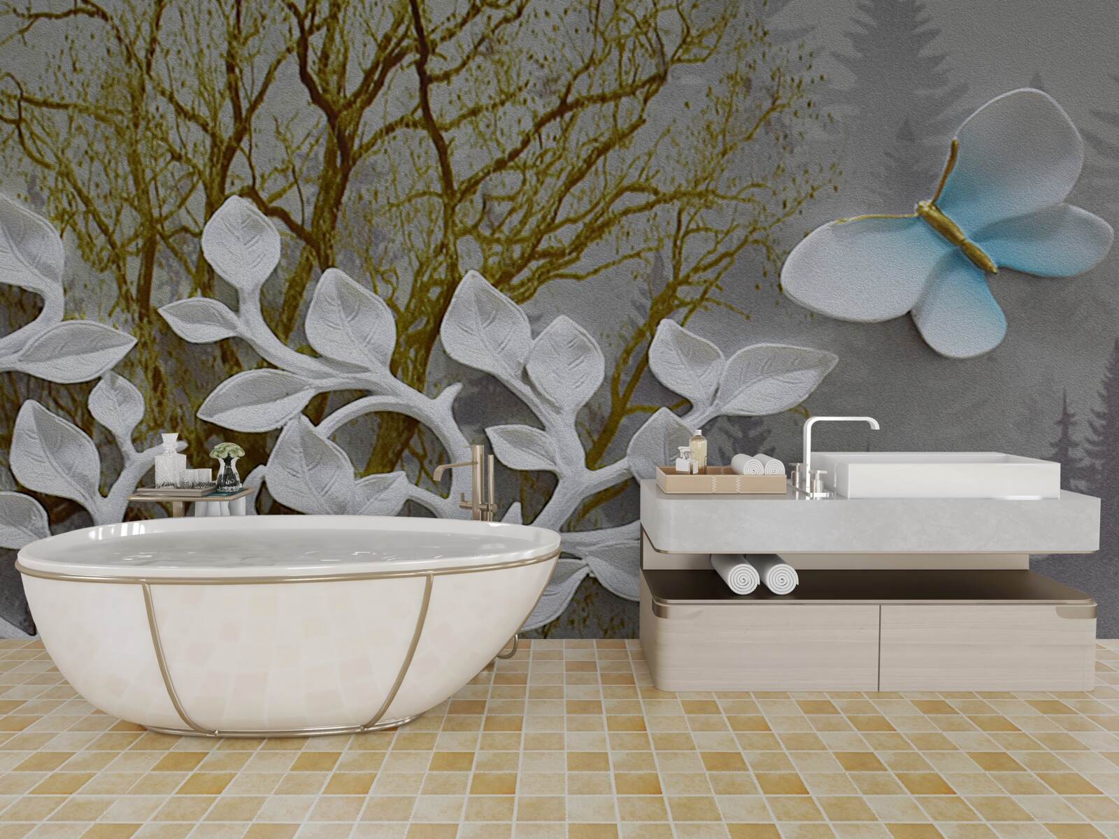 Fototapeta motýľ sedí na bielom konári v lese