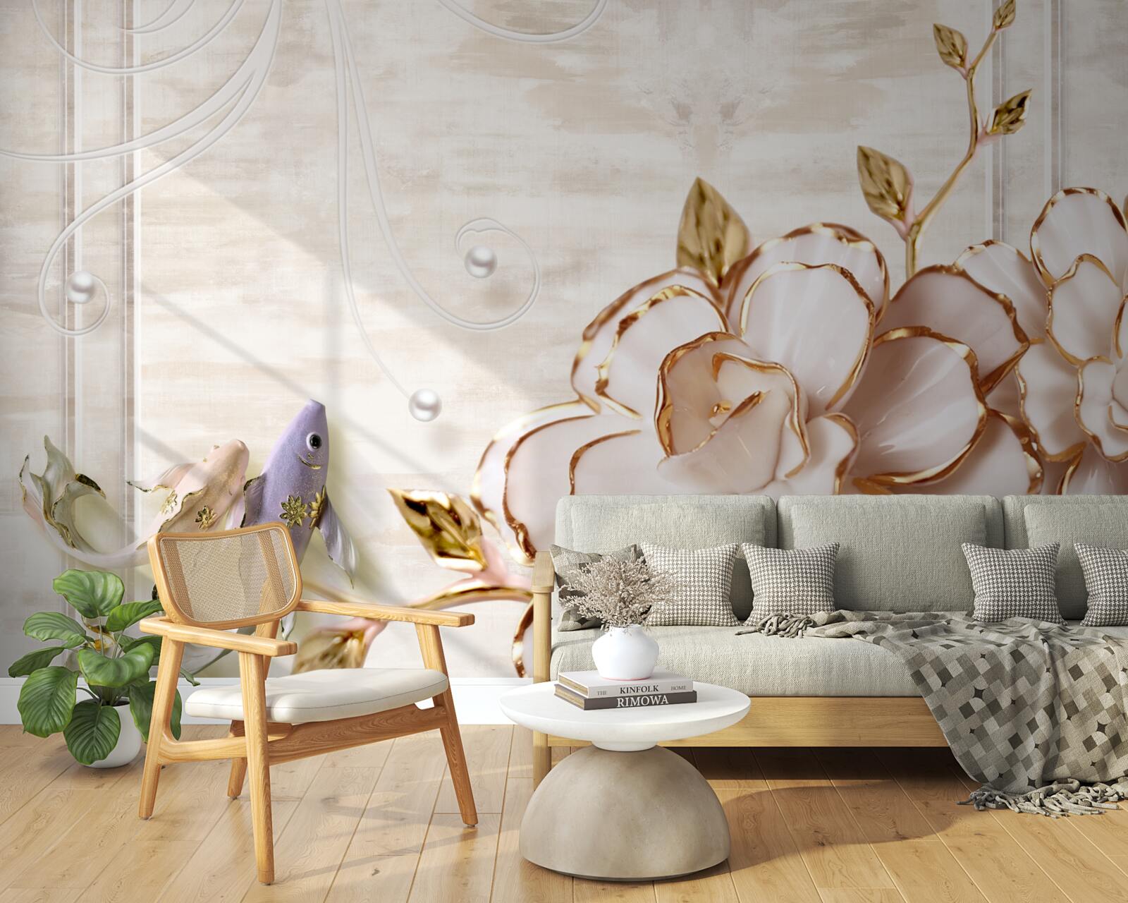 Fototapeta motýle a kvety vyrobené z porcelánu