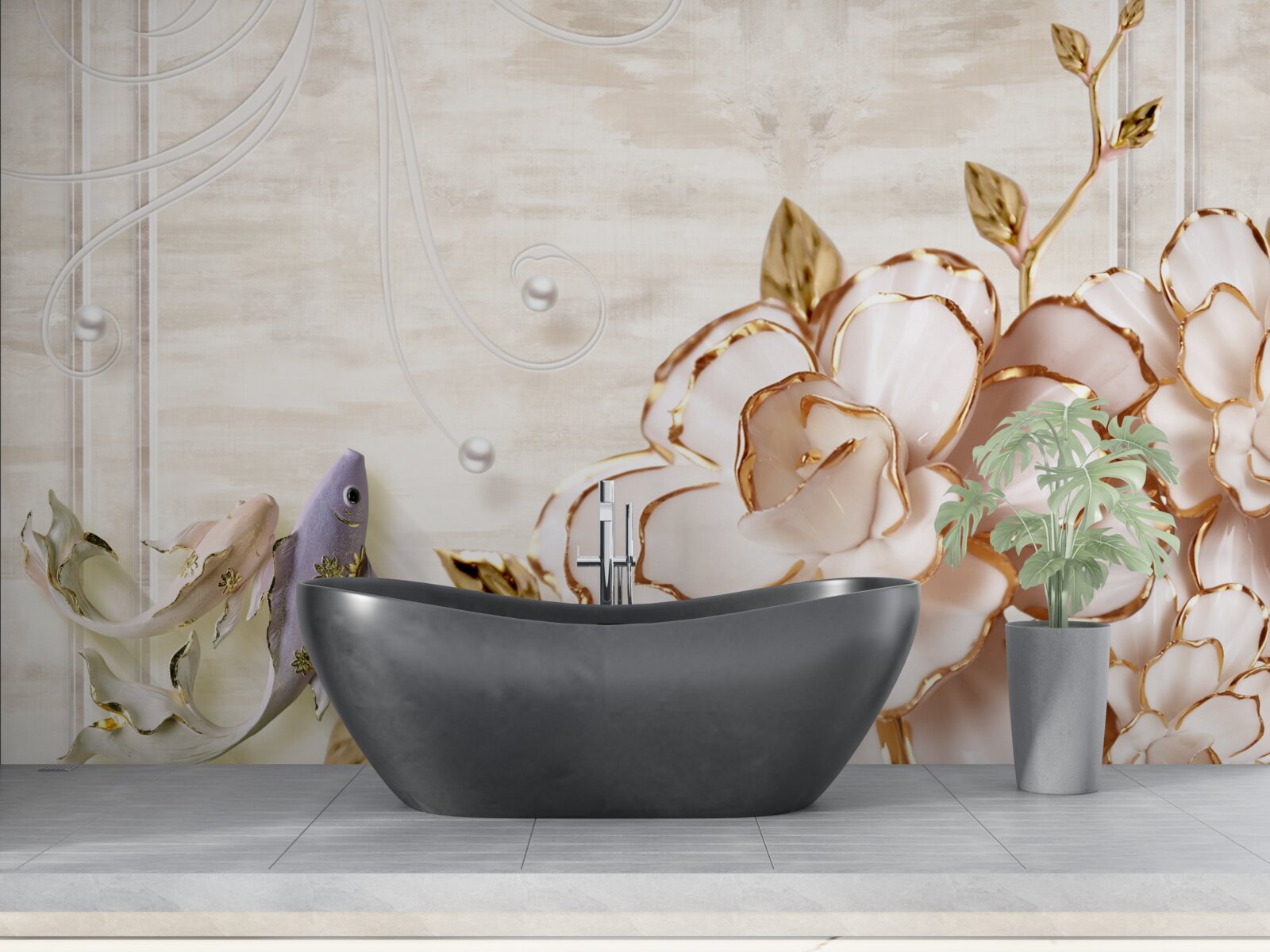 Fototapeta motýle a kvety vyrobené z porcelánu