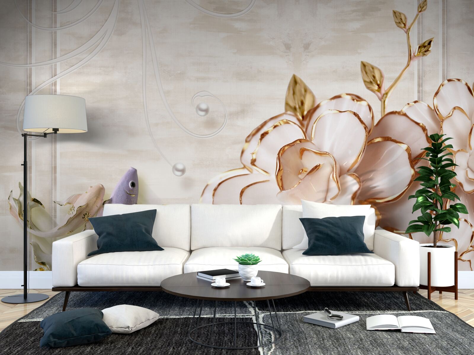 Fototapeta motýle a kvety vyrobené z porcelánu