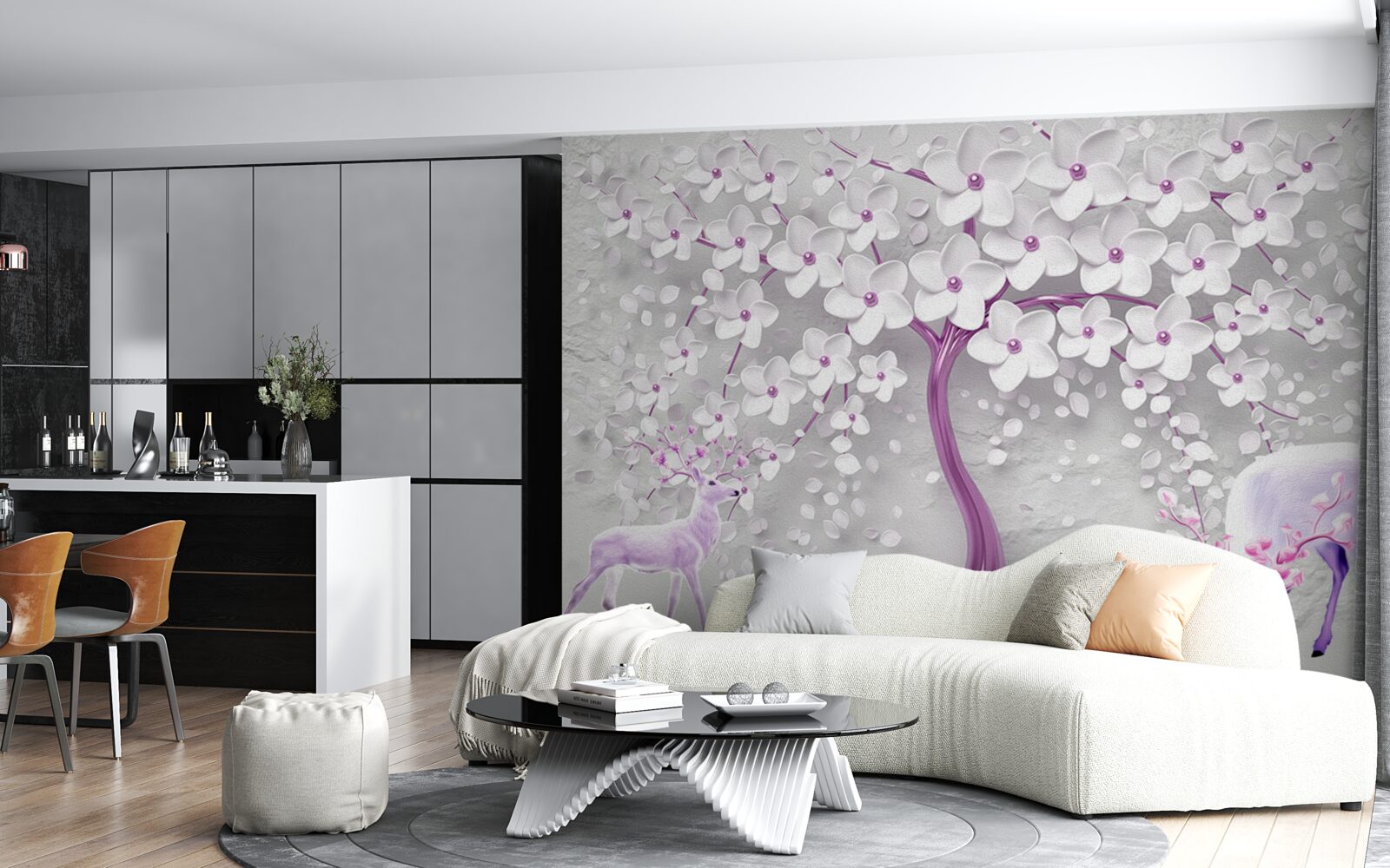 Fototapeta strom so snehovo bielymi kvetmi a jeleňmi