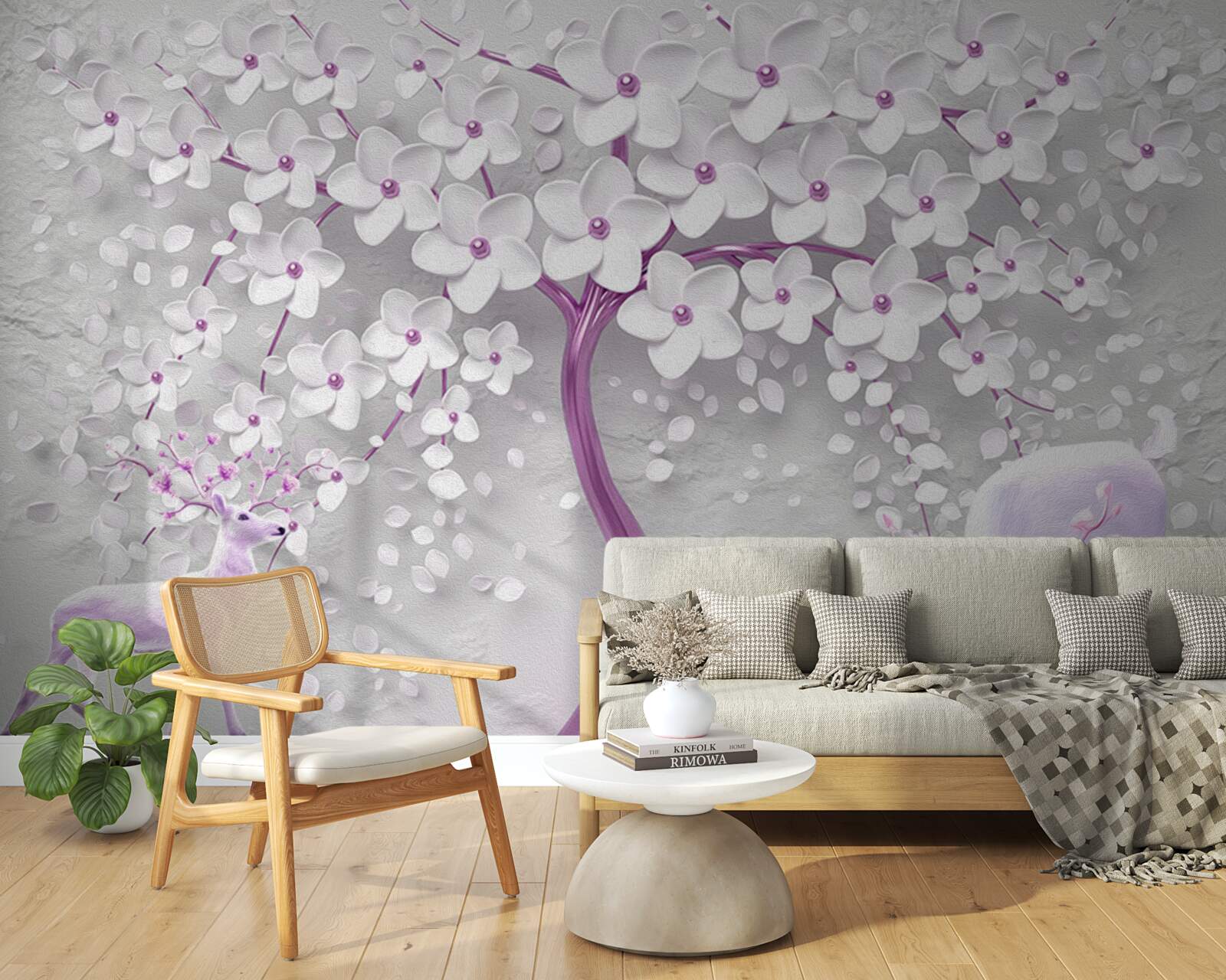 Fototapeta strom so snehovo bielymi kvetmi a jeleňmi