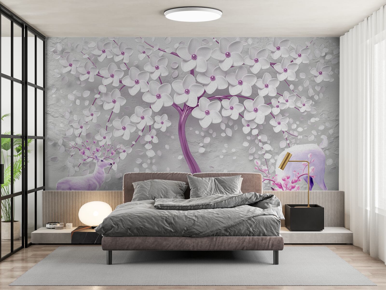 Fototapeta strom so snehovo bielymi kvetmi a jeleňmi