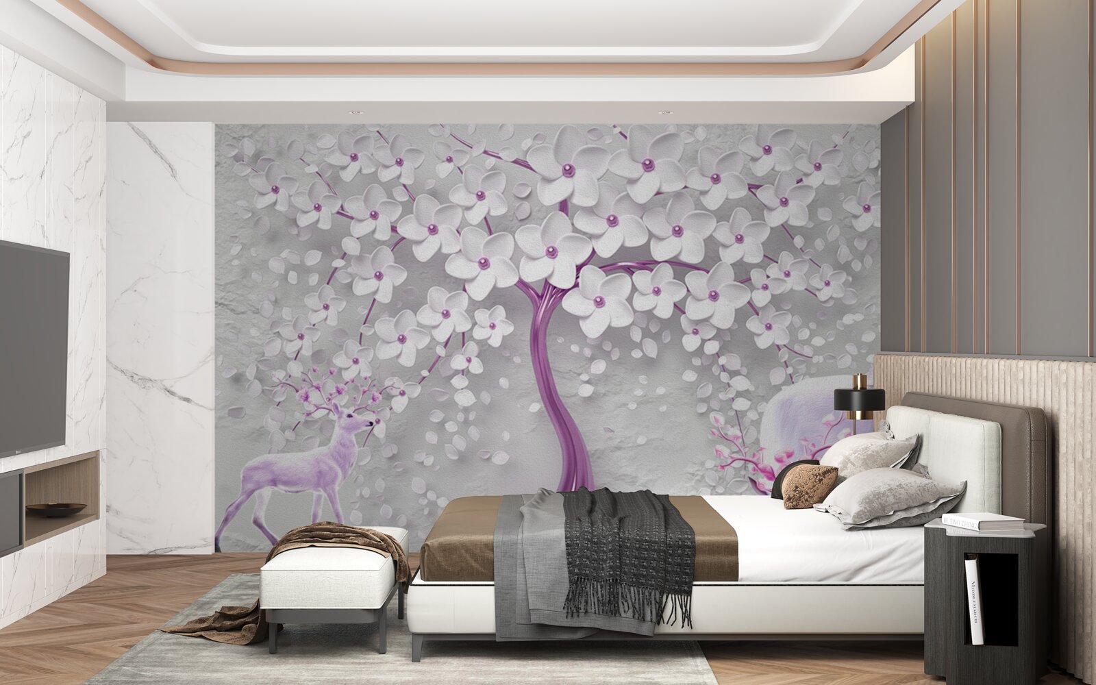 Fototapeta strom so snehovo bielymi kvetmi a jeleňmi