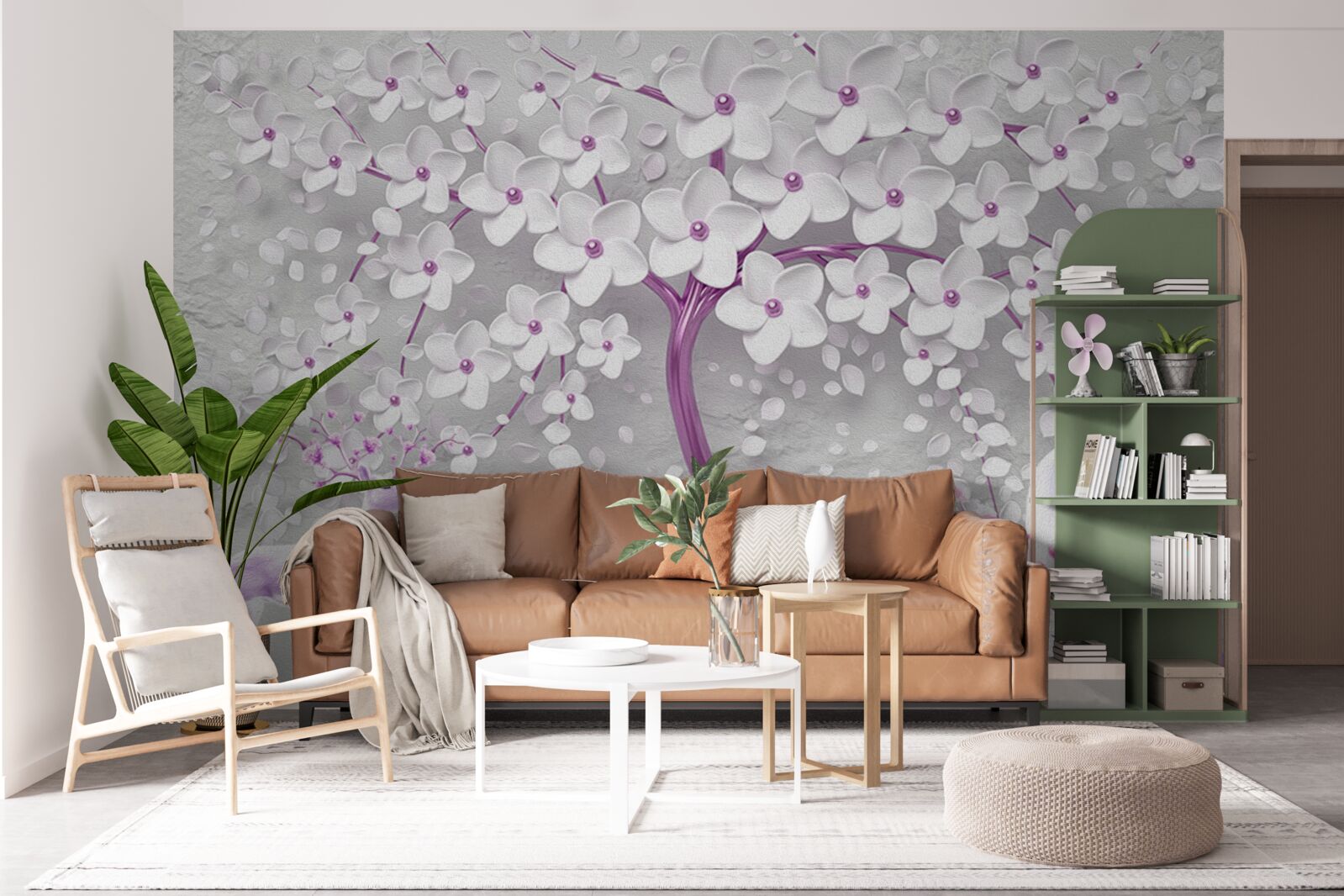 Fototapeta strom so snehovo bielymi kvetmi a jeleňmi