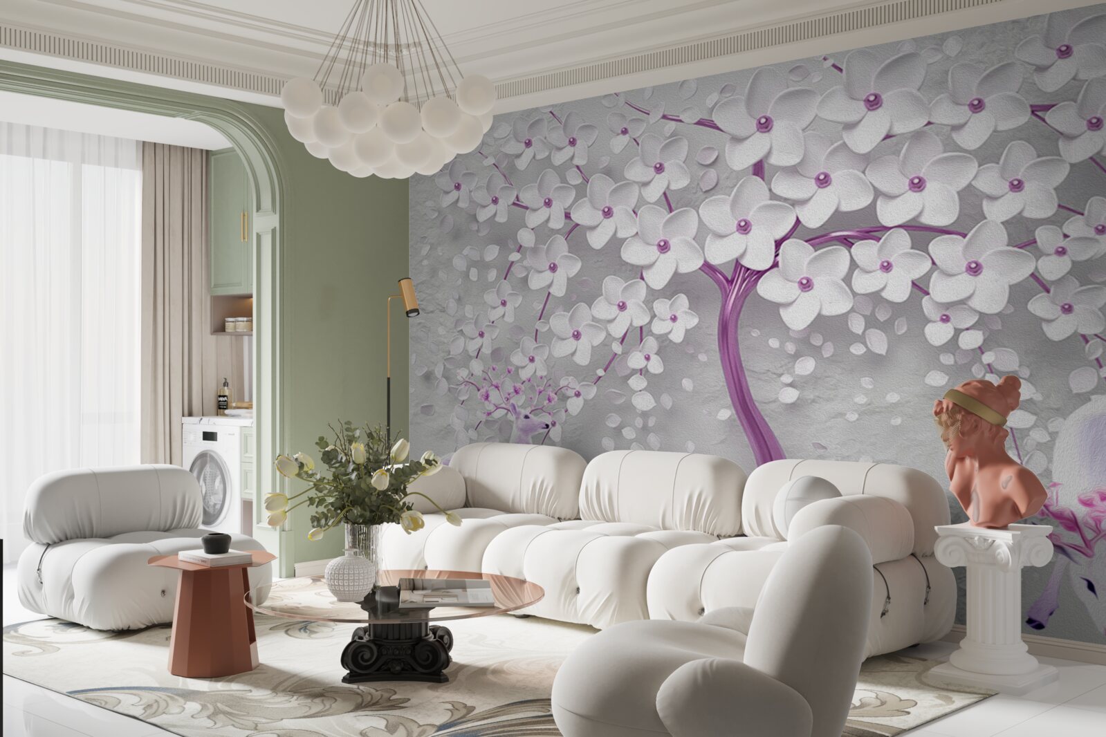 Fototapeta strom so snehovo bielymi kvetmi a jeleňmi