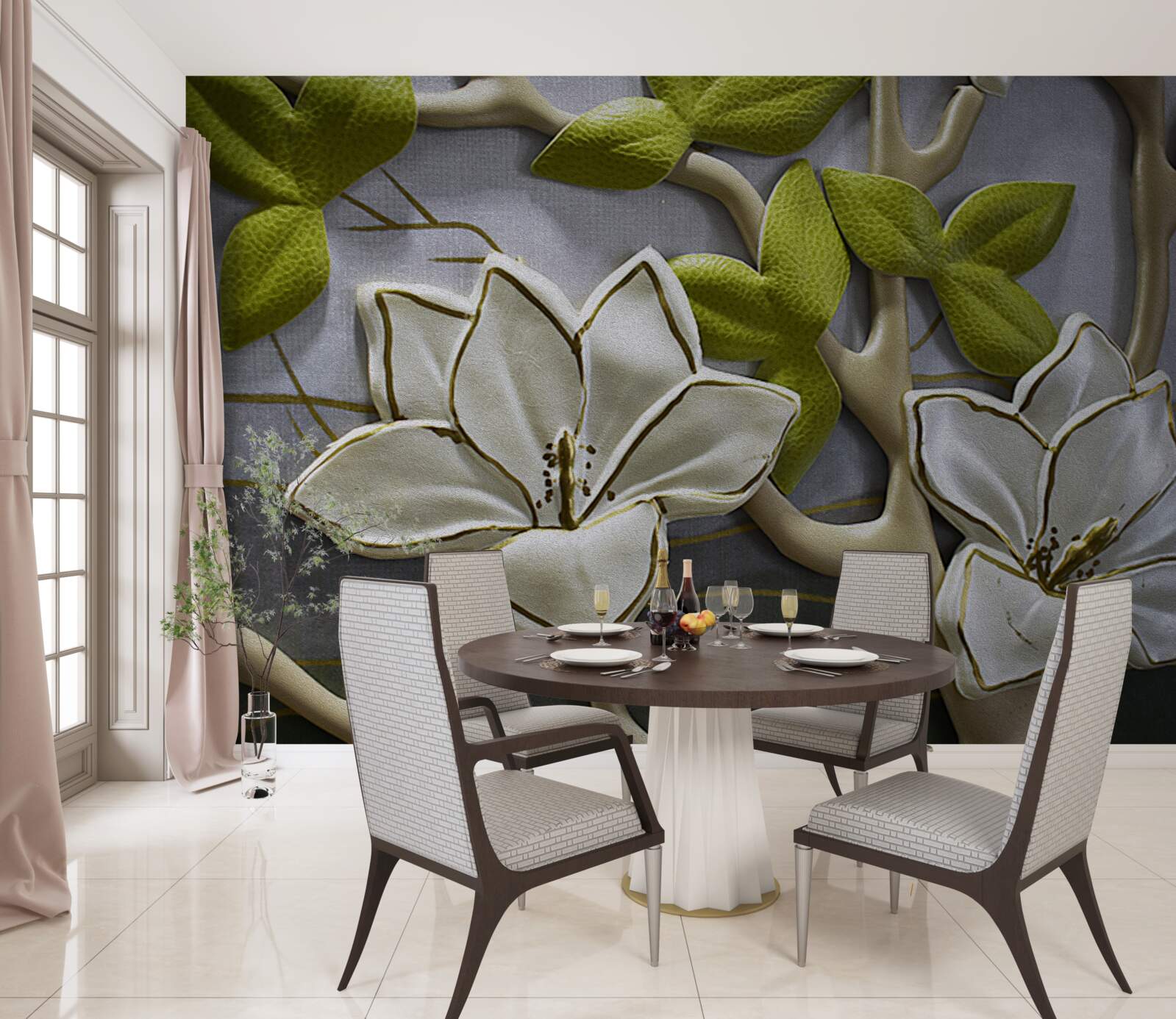 Fototapeta magnólia s porcelánovými kvetmi na zelených vetvičkách