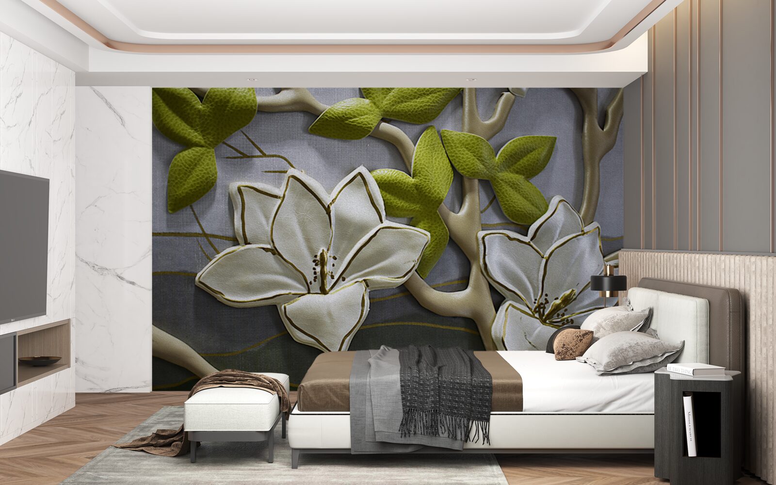 Fototapeta magnólia s porcelánovými kvetmi na zelených vetvičkách