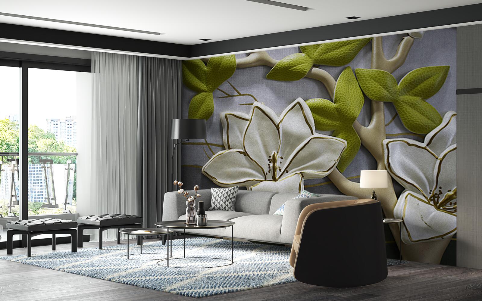 Fototapeta magnólia s porcelánovými kvetmi na zelených vetvičkách