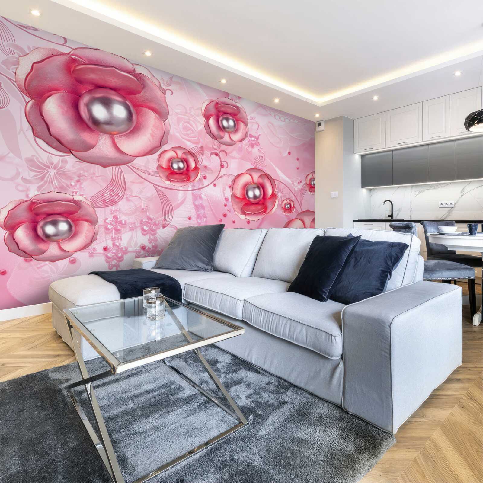 Fototapeta jemné červené púčiky so srdiečkom vyplneným perlami