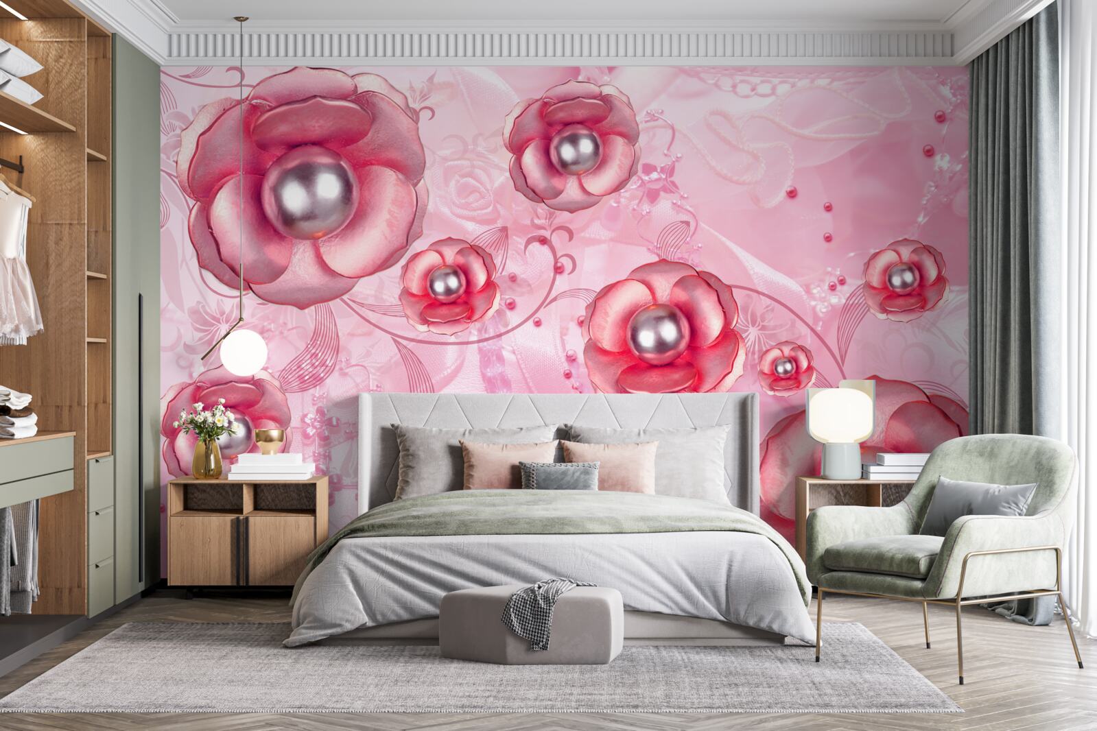 Fototapeta jemné červené púčiky so srdiečkom vyplneným perlami