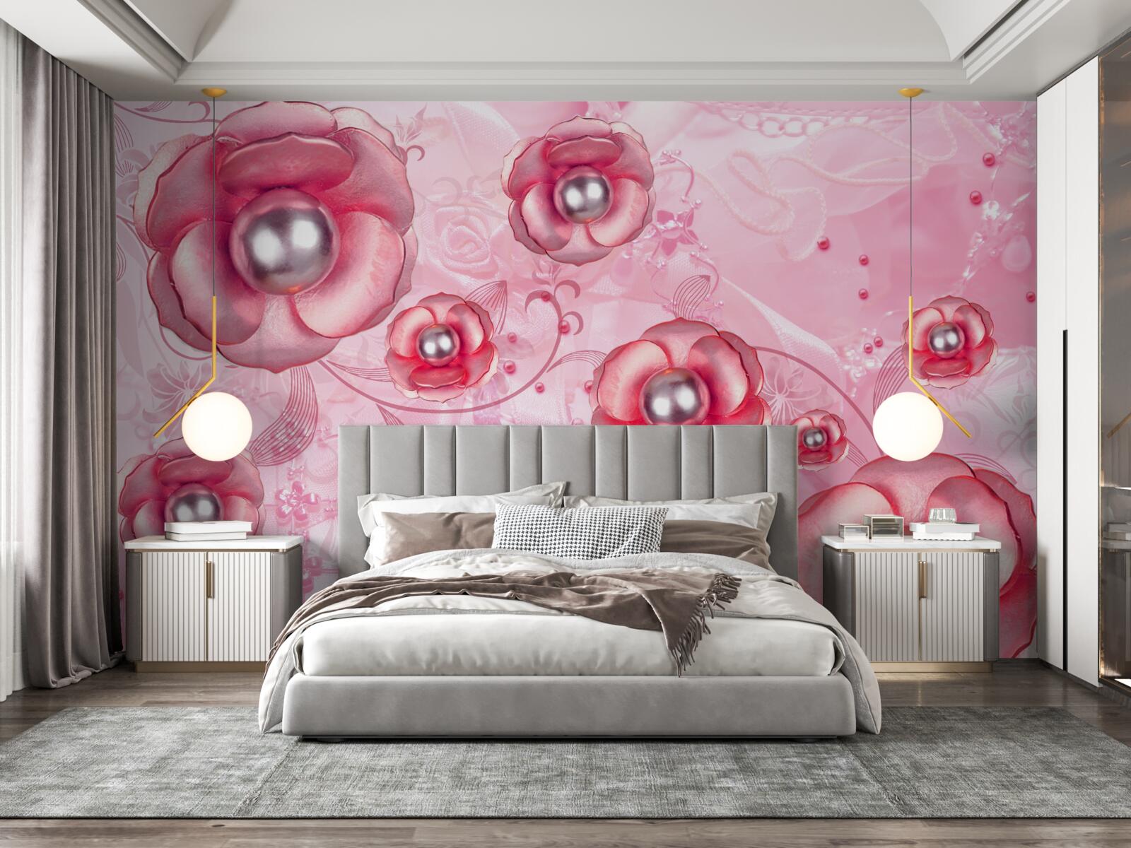 Fototapeta jemné červené púčiky so srdiečkom vyplneným perlami