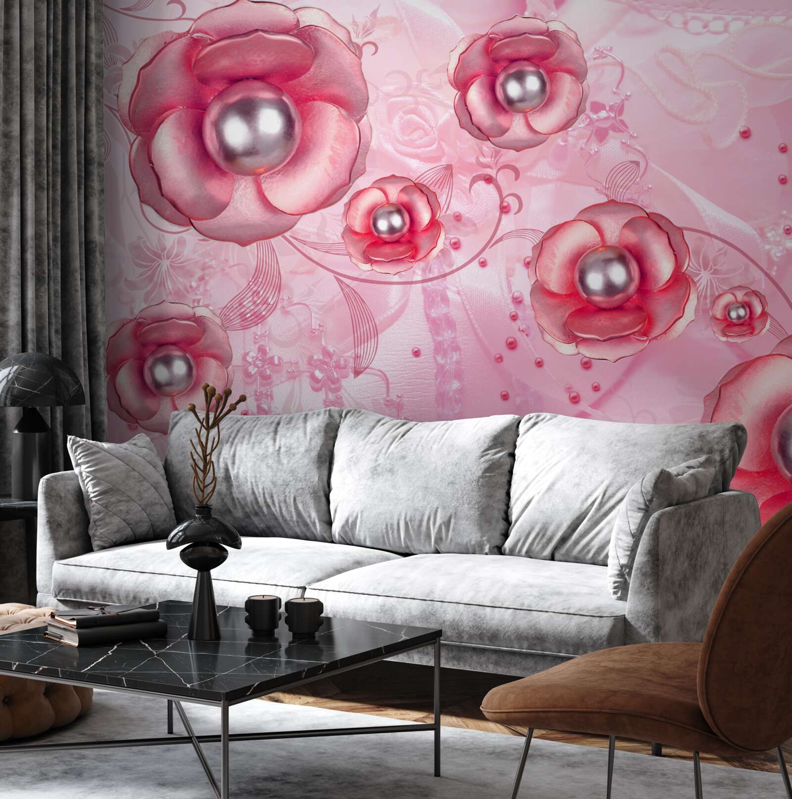 Fototapeta jemné červené púčiky so srdiečkom vyplneným perlami