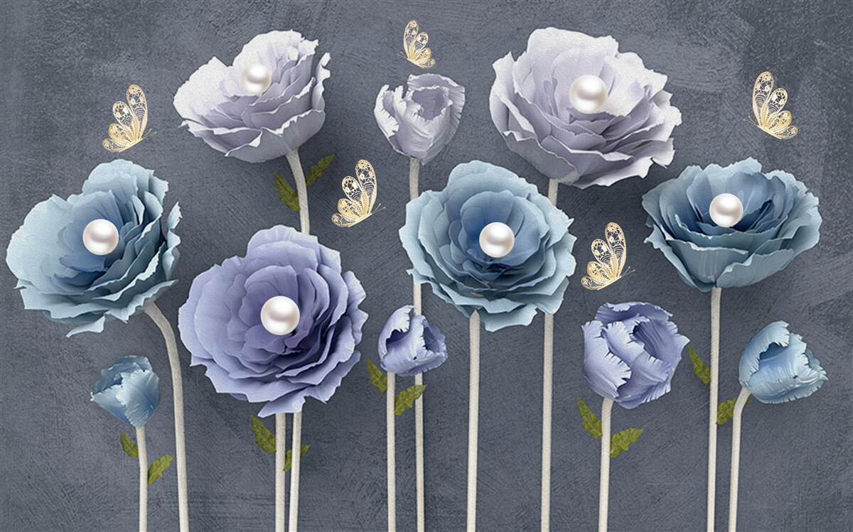 Fototapeta modré a biele pôvabné maky s motýľmi