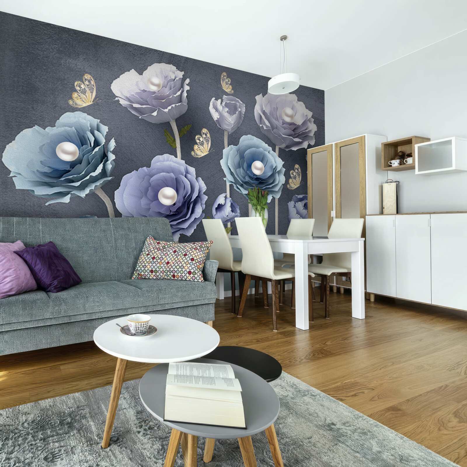 Fototapeta modré a biele pôvabné maky s motýľmi