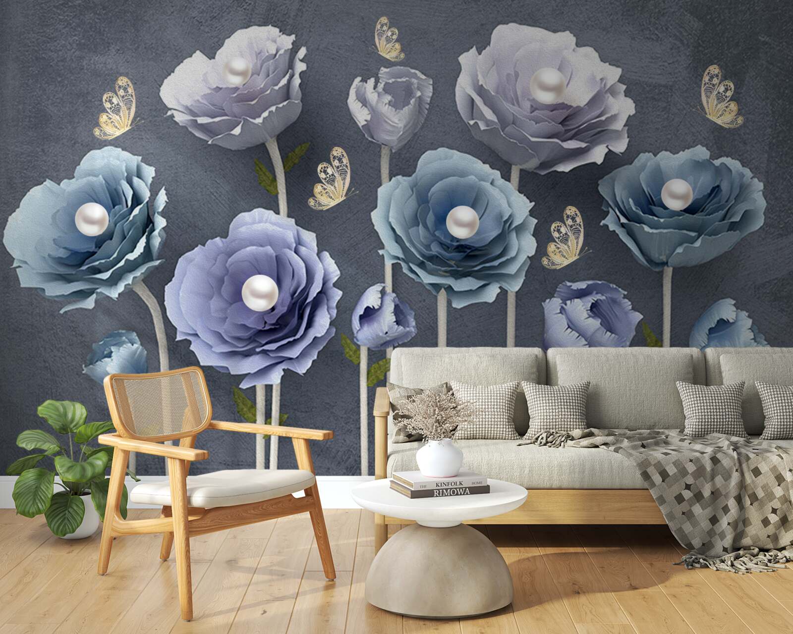 Fototapeta modré a biele pôvabné maky s motýľmi