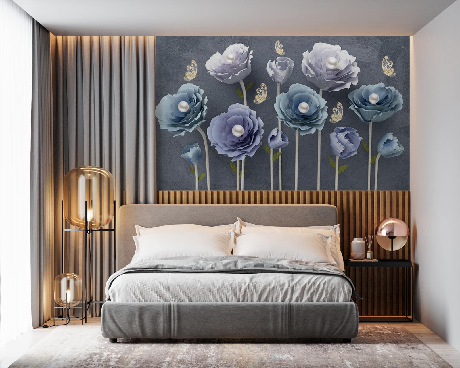 Fototapeta modré a biele pôvabné maky s motýľmi