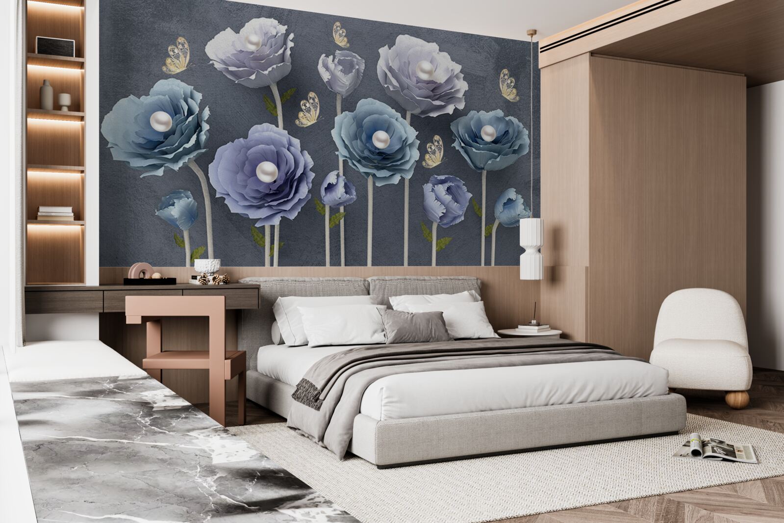 Fototapeta modré a biele pôvabné maky s motýľmi