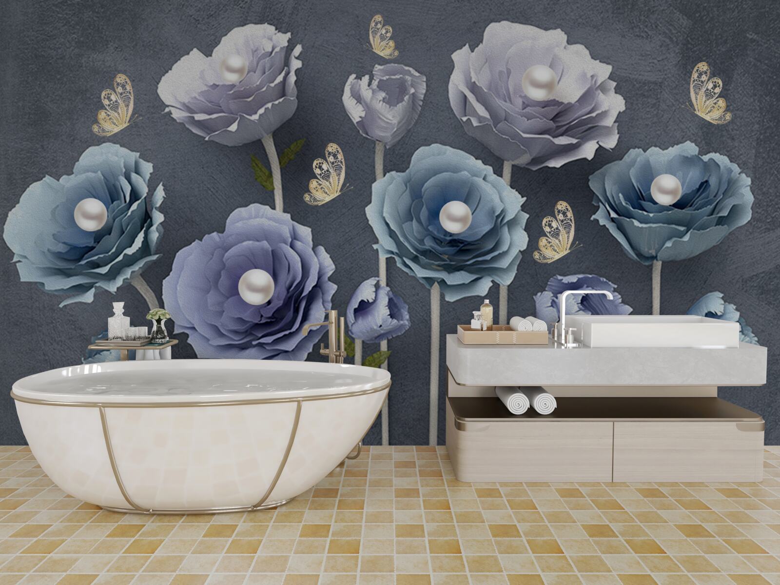 Fototapeta modré a biele pôvabné maky s motýľmi