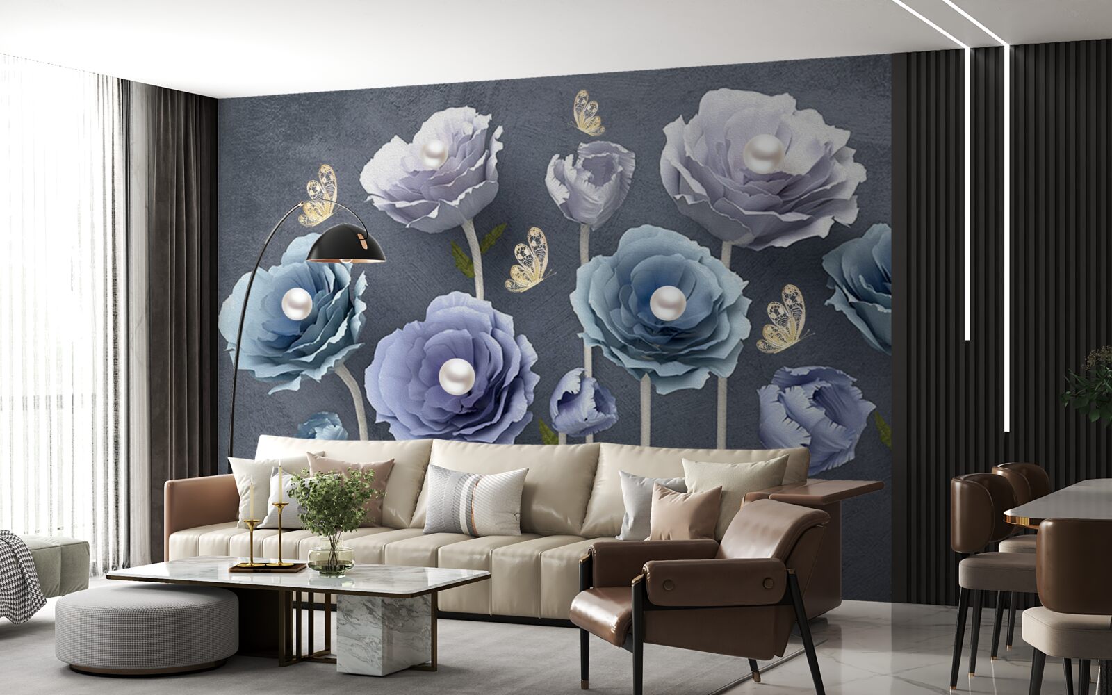 Fototapeta modré a biele pôvabné maky s motýľmi