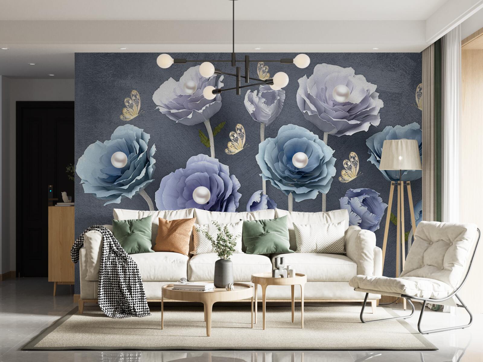 Fototapeta modré a biele pôvabné maky s motýľmi