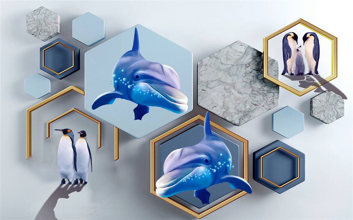 Fototapeta sú veľryby v päťuholníkoch orámované zlatom