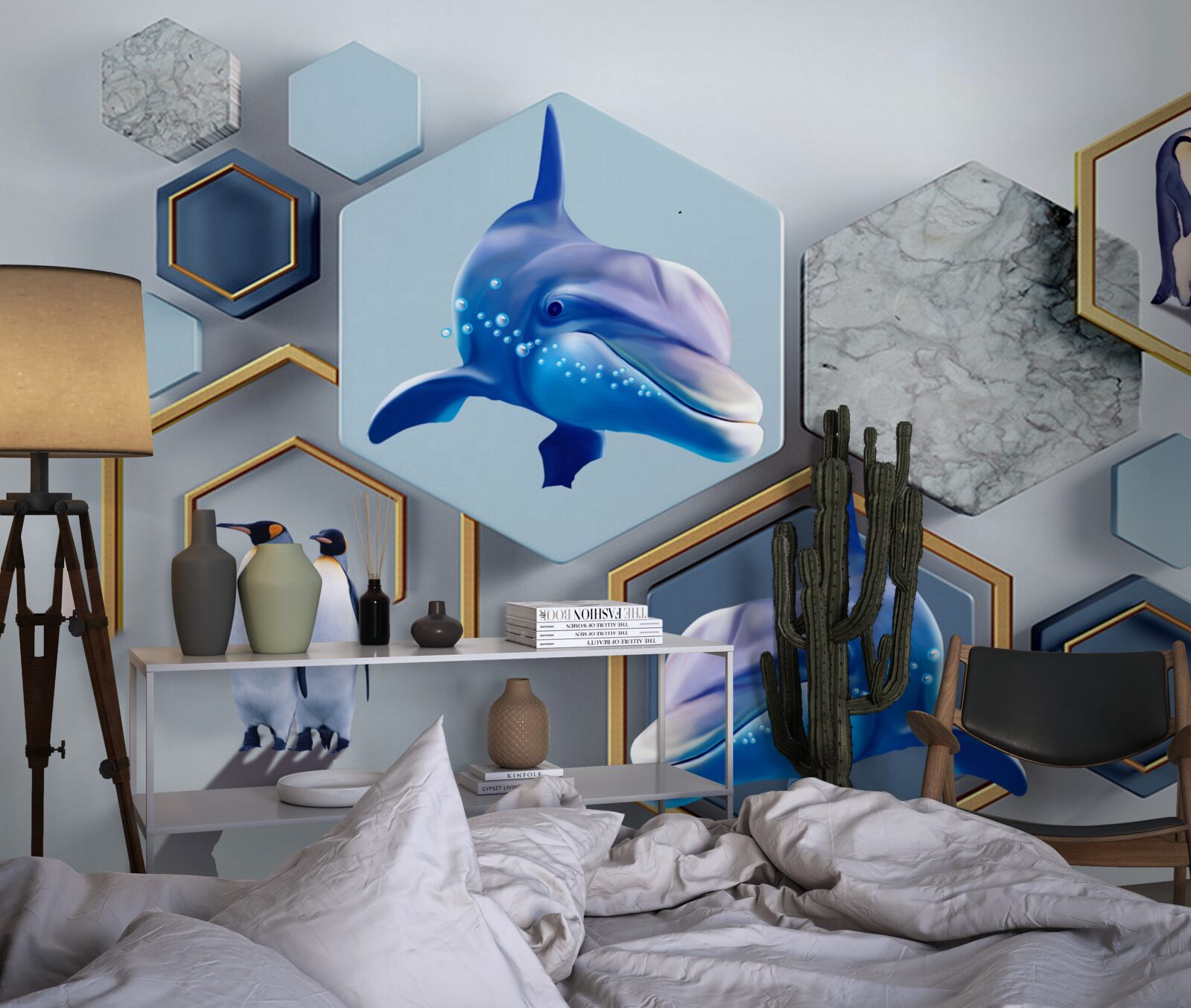 Fototapeta sú veľryby v päťuholníkoch orámované zlatom