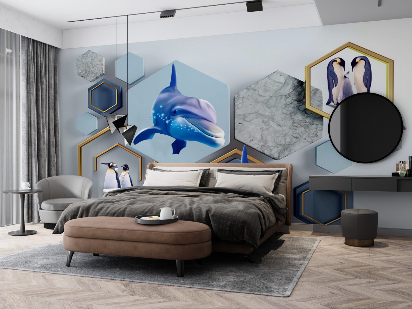 Fototapeta sú veľryby v päťuholníkoch orámované zlatom