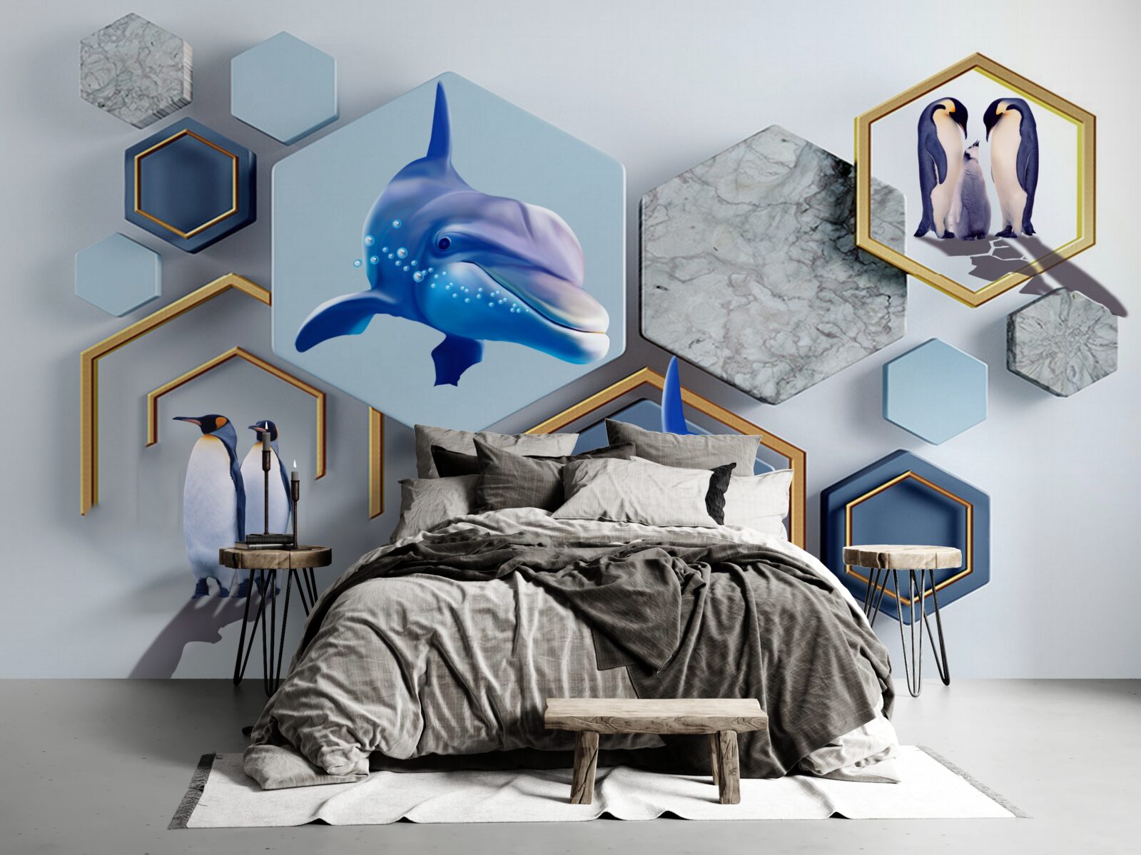 Fototapeta sú veľryby v päťuholníkoch orámované zlatom