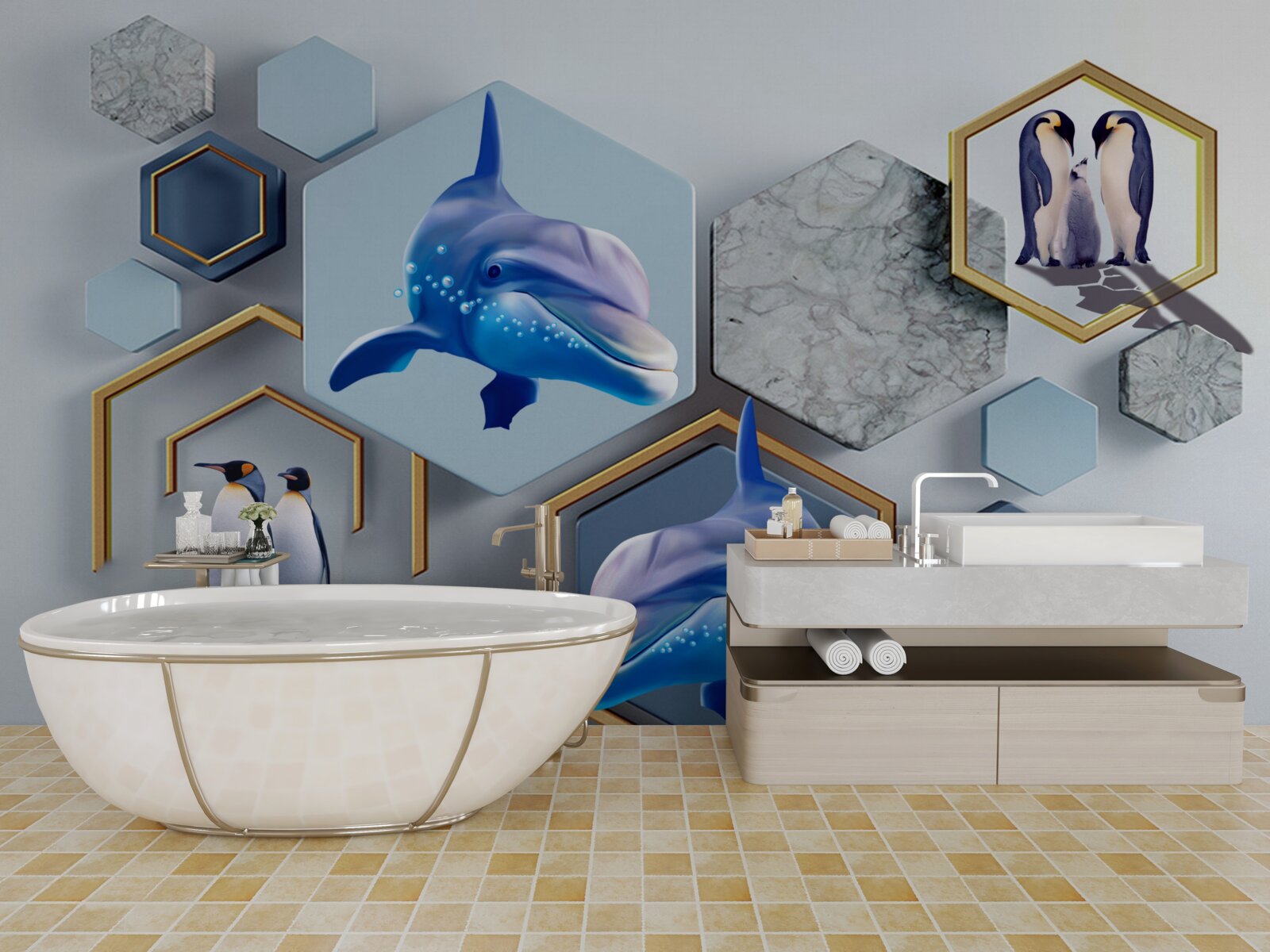 Fototapeta sú veľryby v päťuholníkoch orámované zlatom