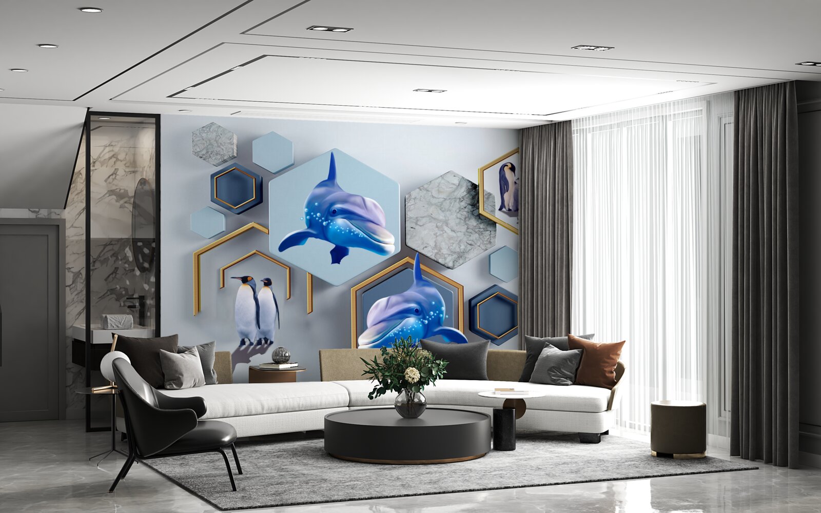 Fototapeta sú veľryby v päťuholníkoch orámované zlatom