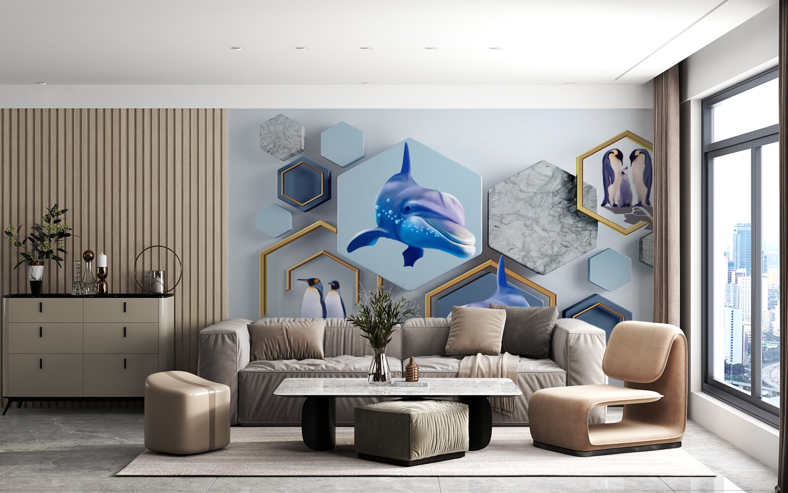 Fototapeta sú veľryby v päťuholníkoch orámované zlatom