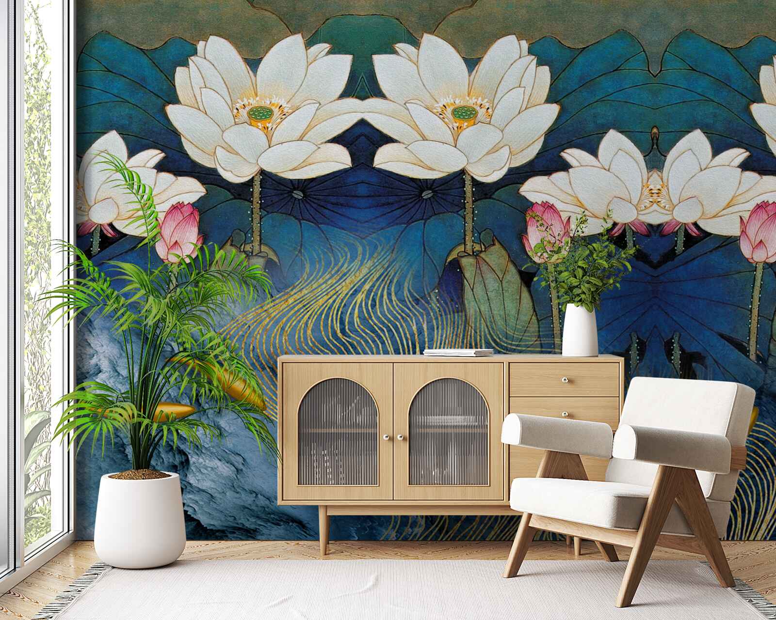 Fototapeta modrá voda zdobená bielymi lotosmi