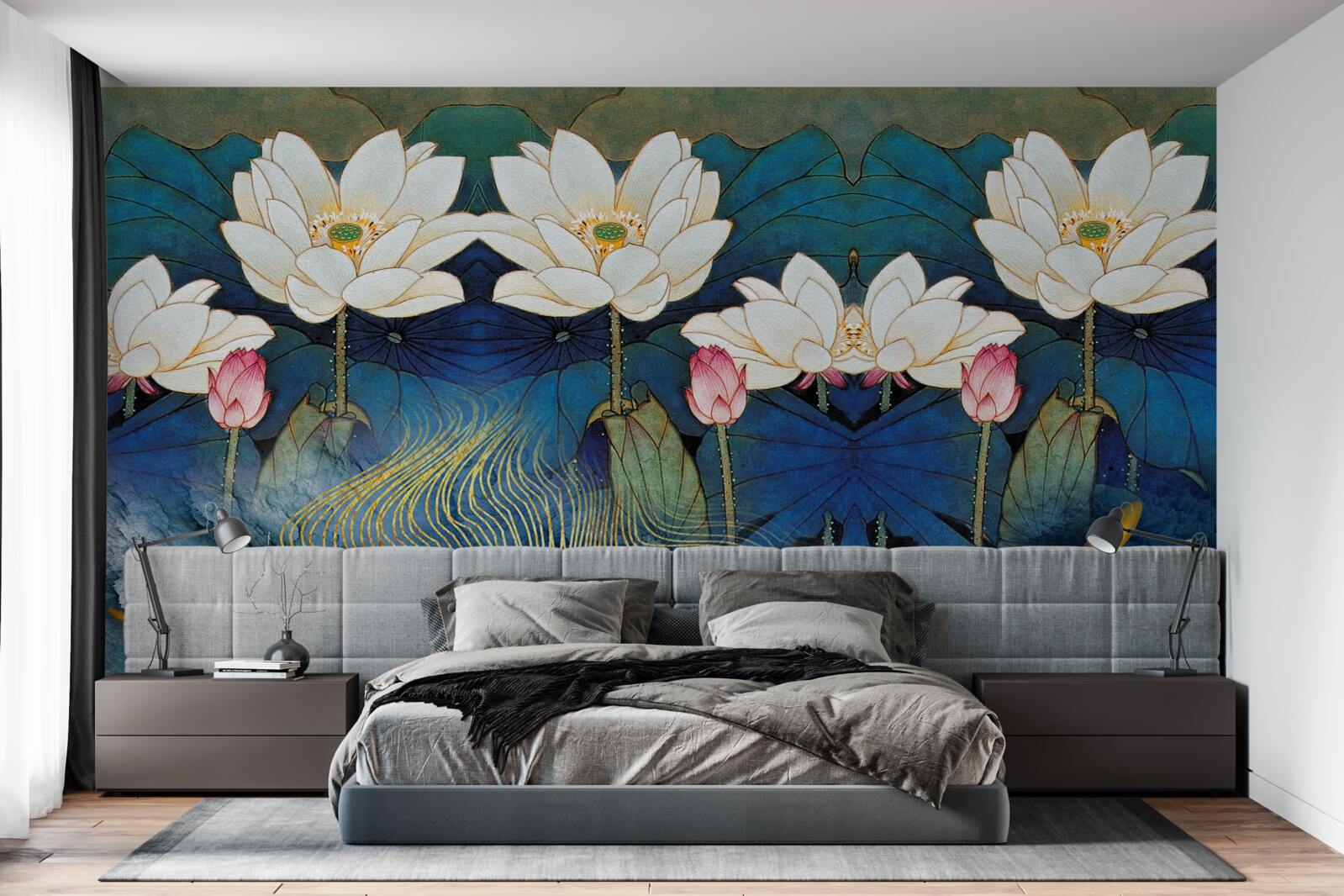 Fototapeta modrá voda zdobená bielymi lotosmi