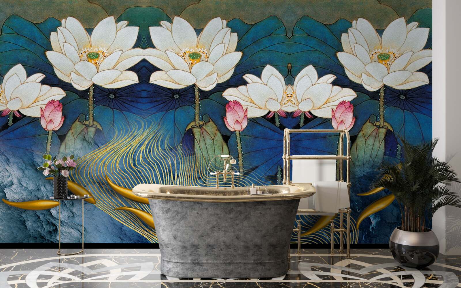 Fototapeta modrá voda zdobená bielymi lotosmi