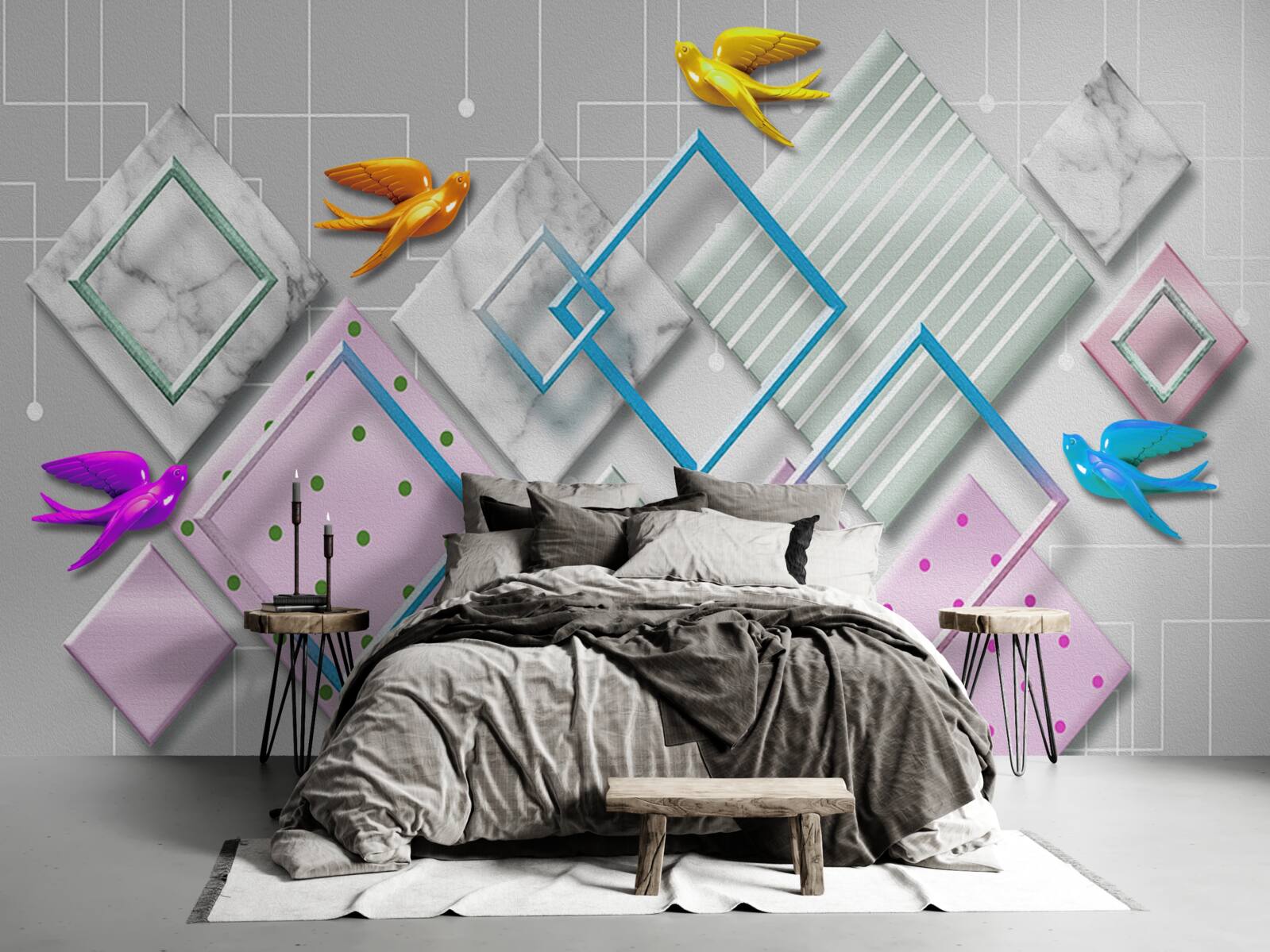 Fototapeta viacfarebná abstrakcia vtákov a postáv