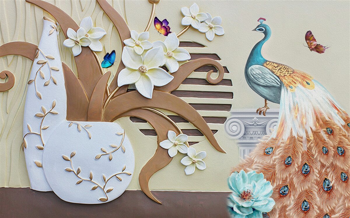 Fototapeta kvetinový luxus a páv s veľkolepým chvostom