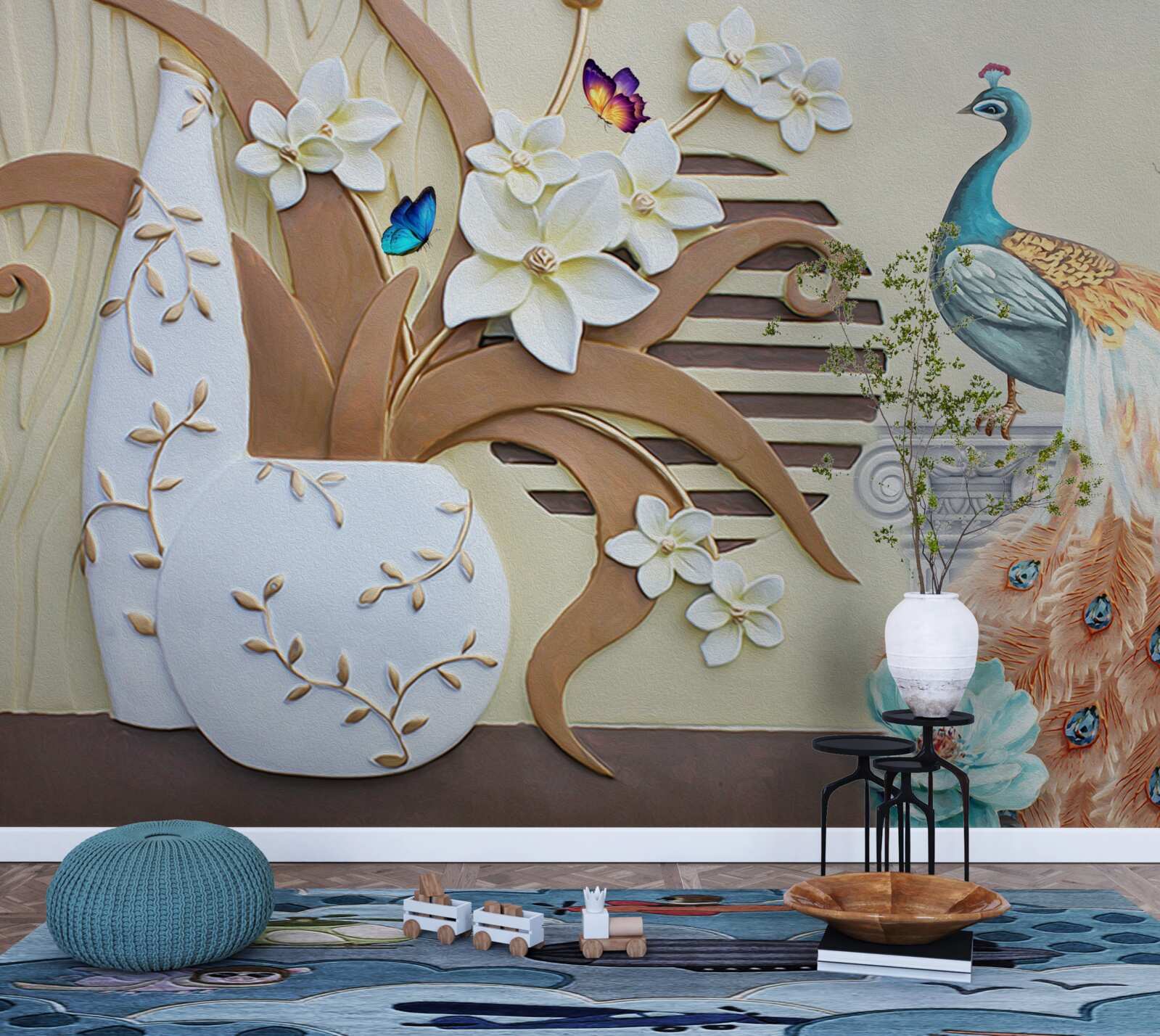 Fototapeta kvetinový luxus a páv s veľkolepým chvostom