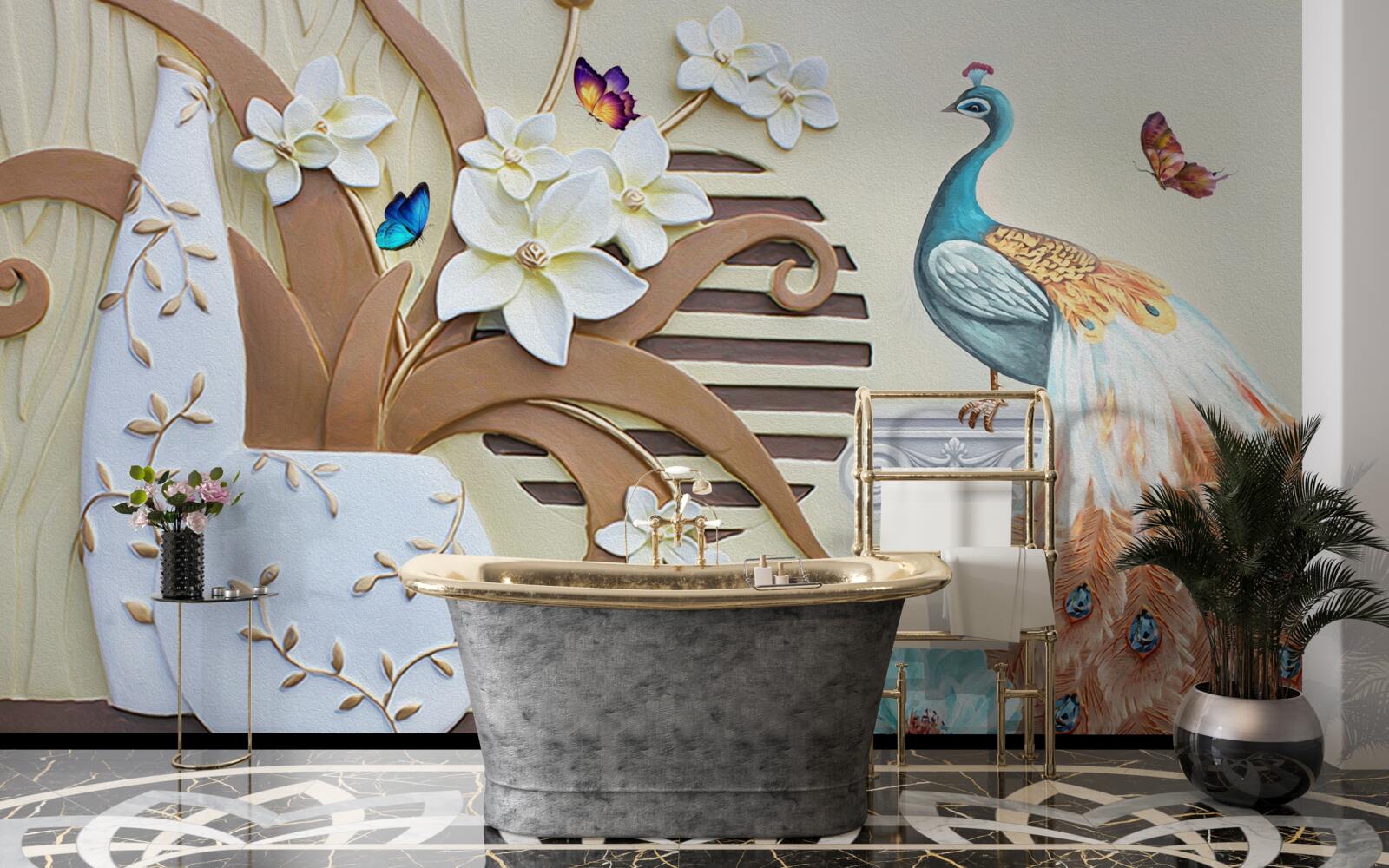 Fototapeta kvetinový luxus a páv s veľkolepým chvostom