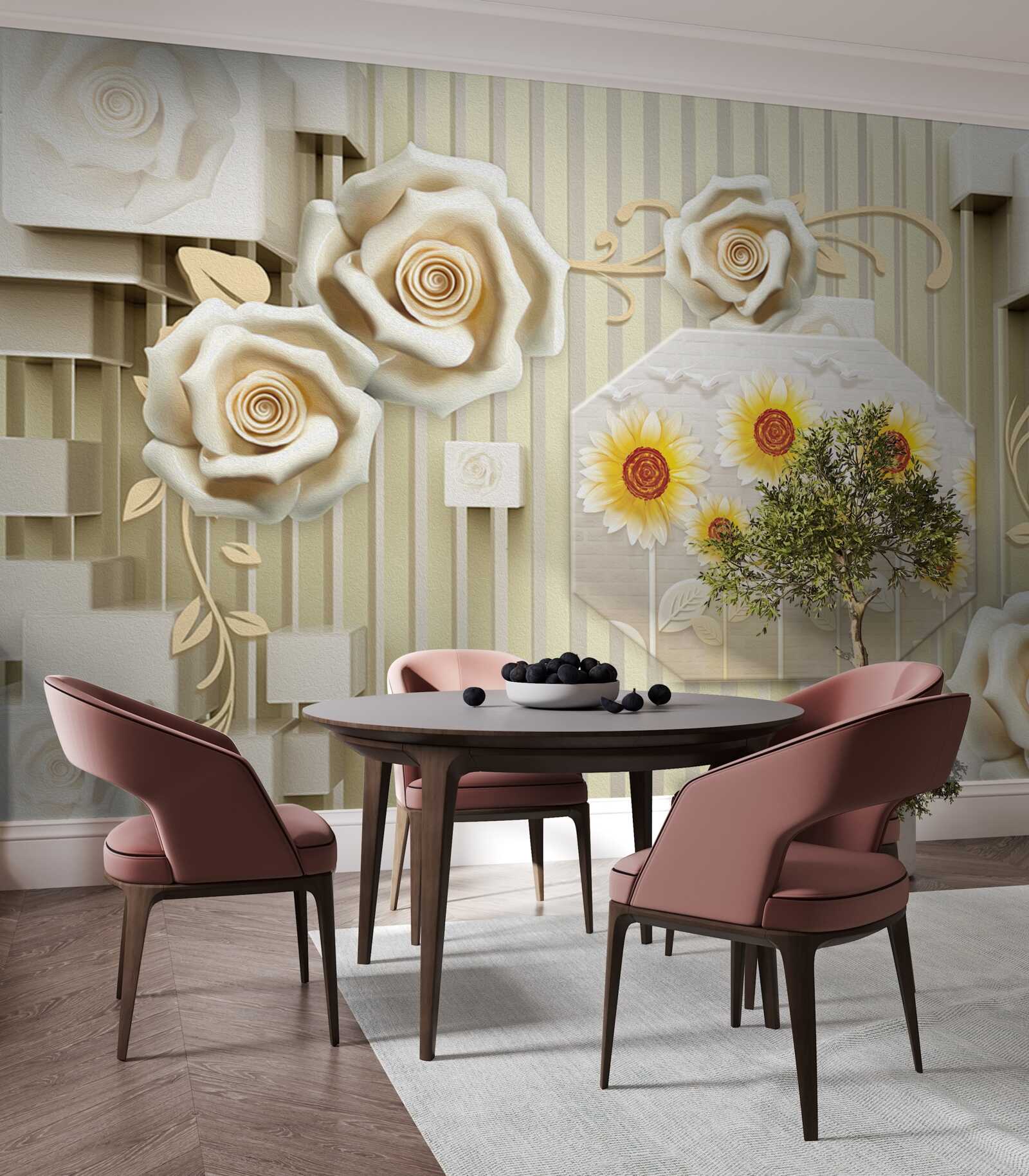 Fototapeta svetlo zlatá ruža a slnečnice