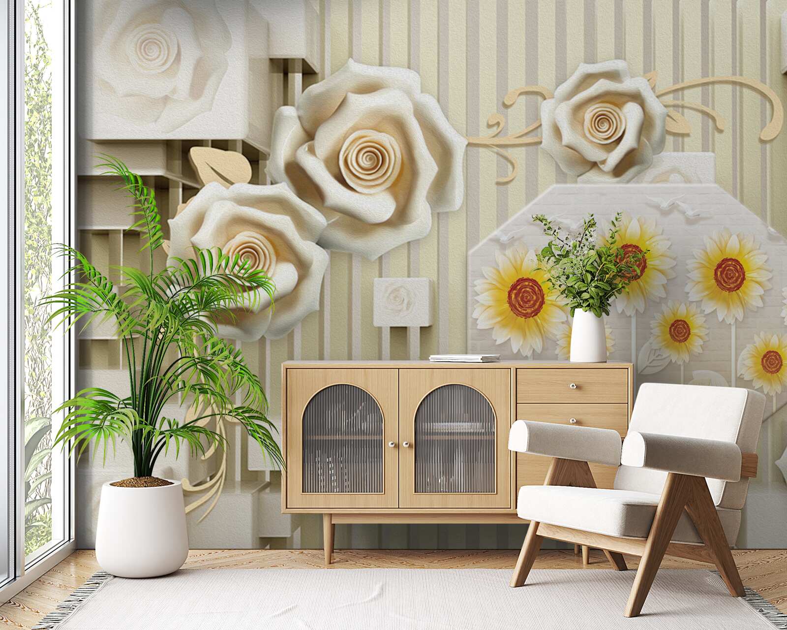 Fototapeta svetlo zlatá ruža a slnečnice