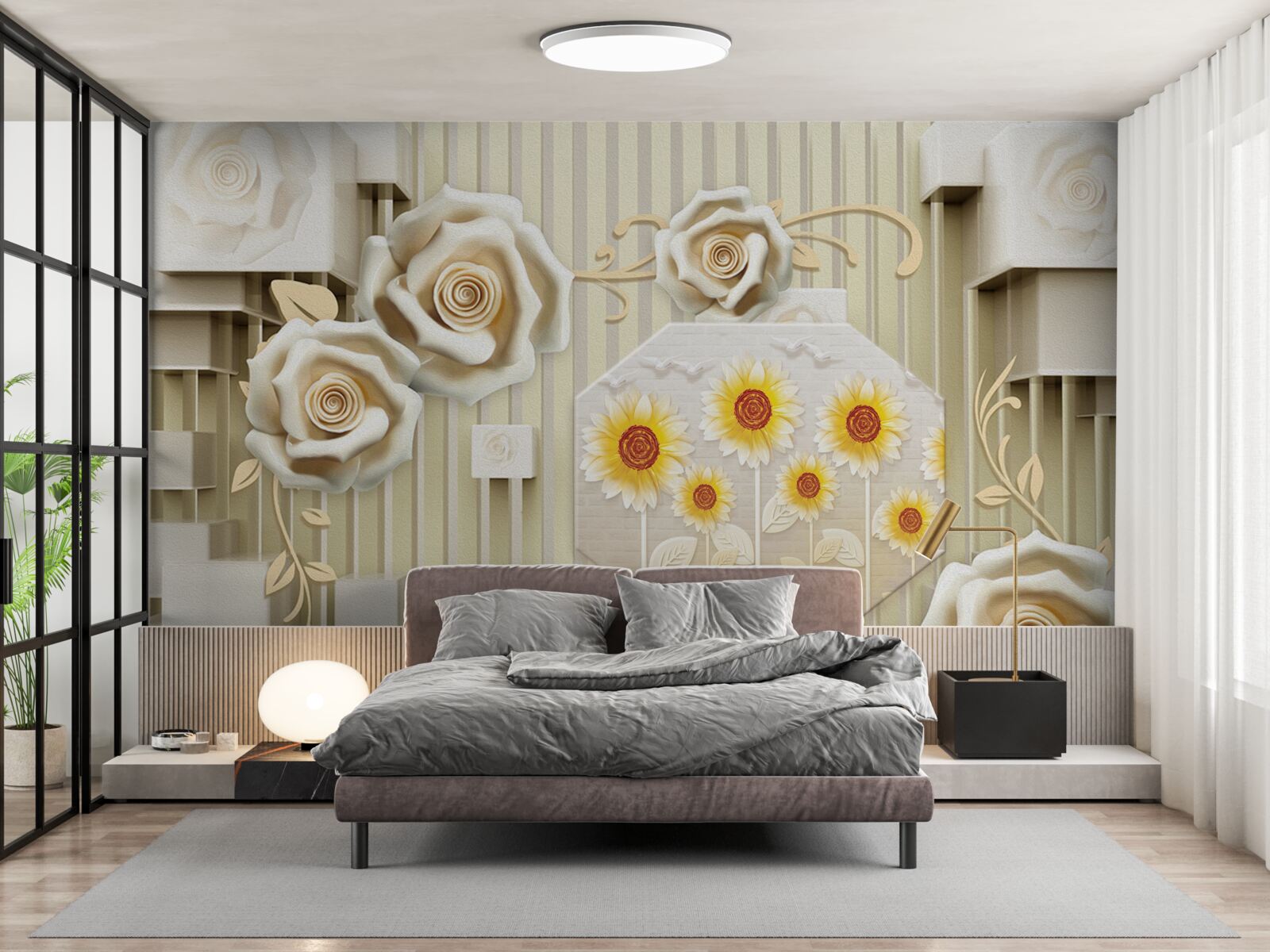 Fototapeta svetlo zlatá ruža a slnečnice