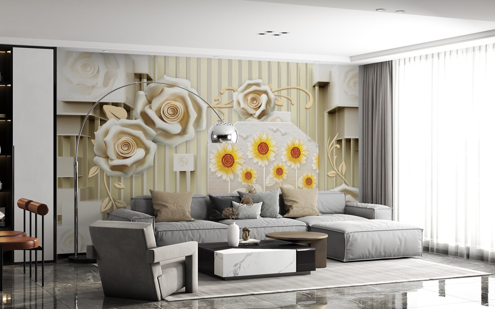 Fototapeta svetlo zlatá ruža a slnečnice