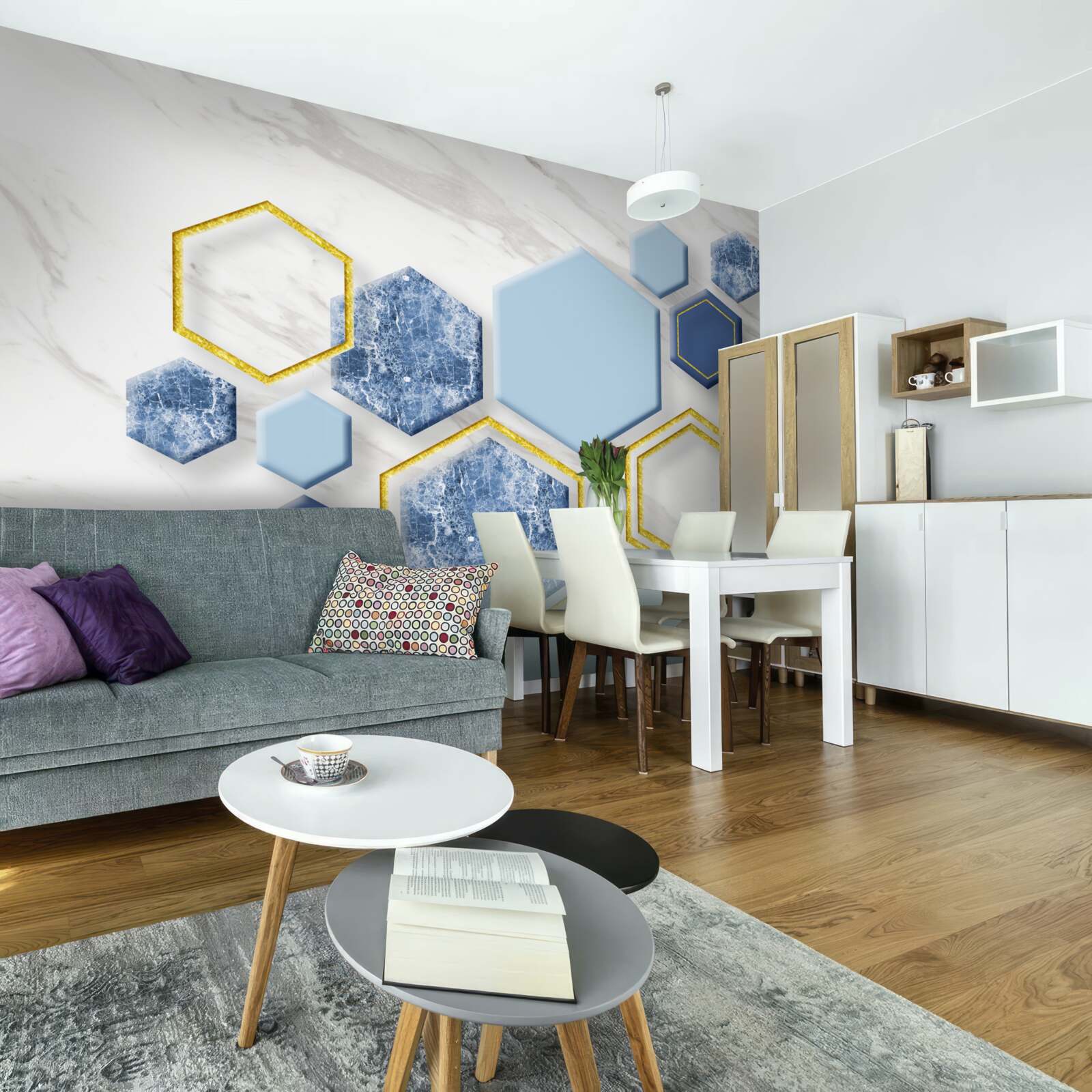 Fototapeta päťuholníkové obrazy z mramoru so zlatými okrajmi