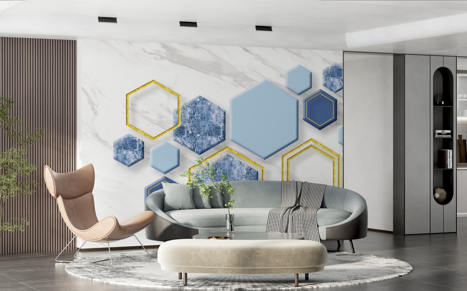 Fototapeta päťuholníkové obrazy z mramoru so zlatými okrajmi