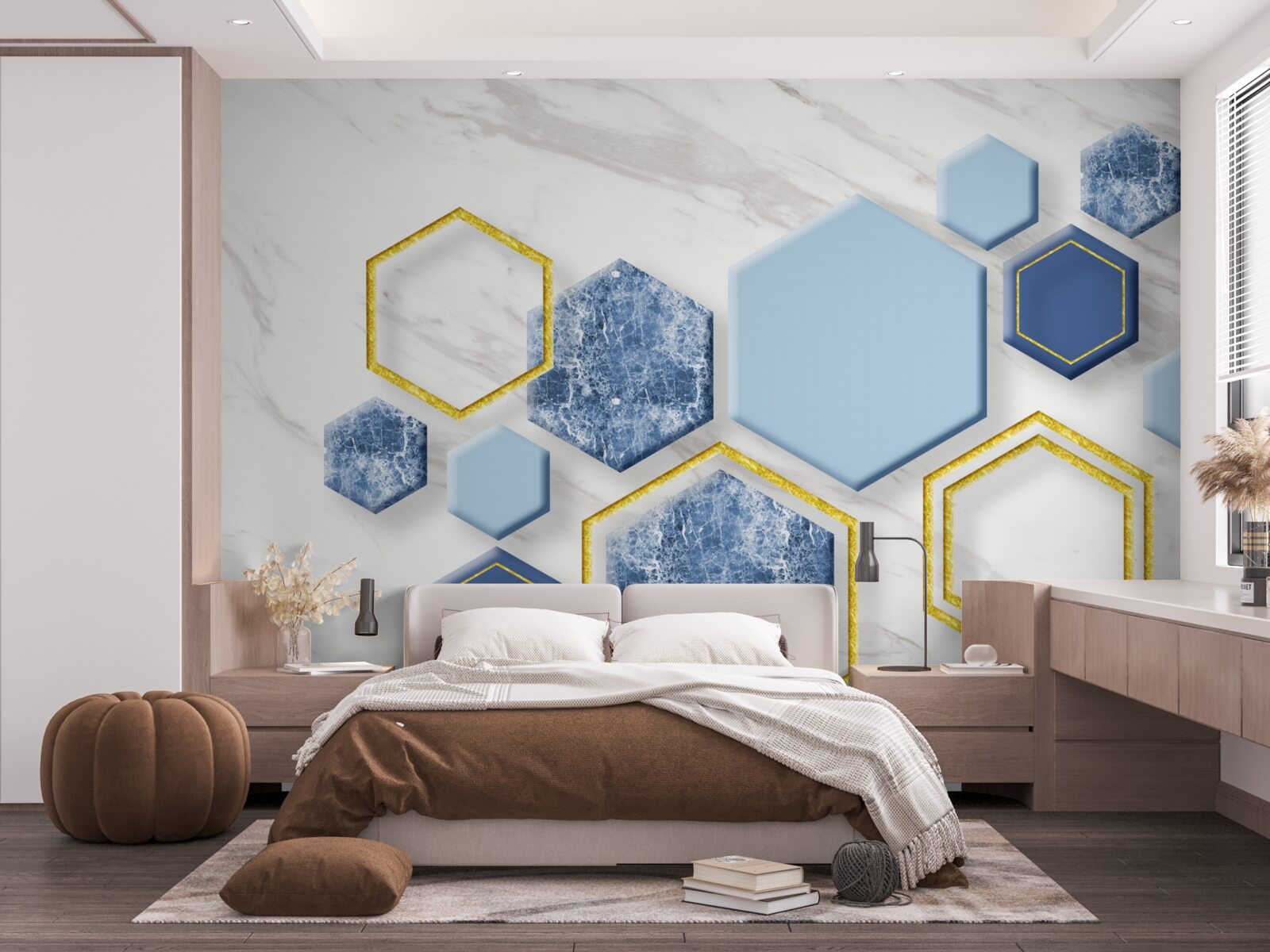 Fototapeta päťuholníkové obrazy z mramoru so zlatými okrajmi