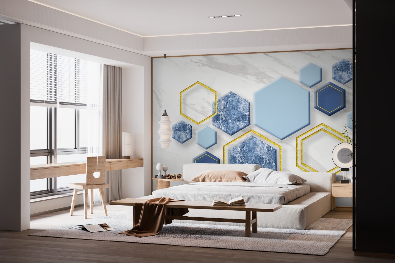 Fototapeta päťuholníkové obrazy z mramoru so zlatými okrajmi