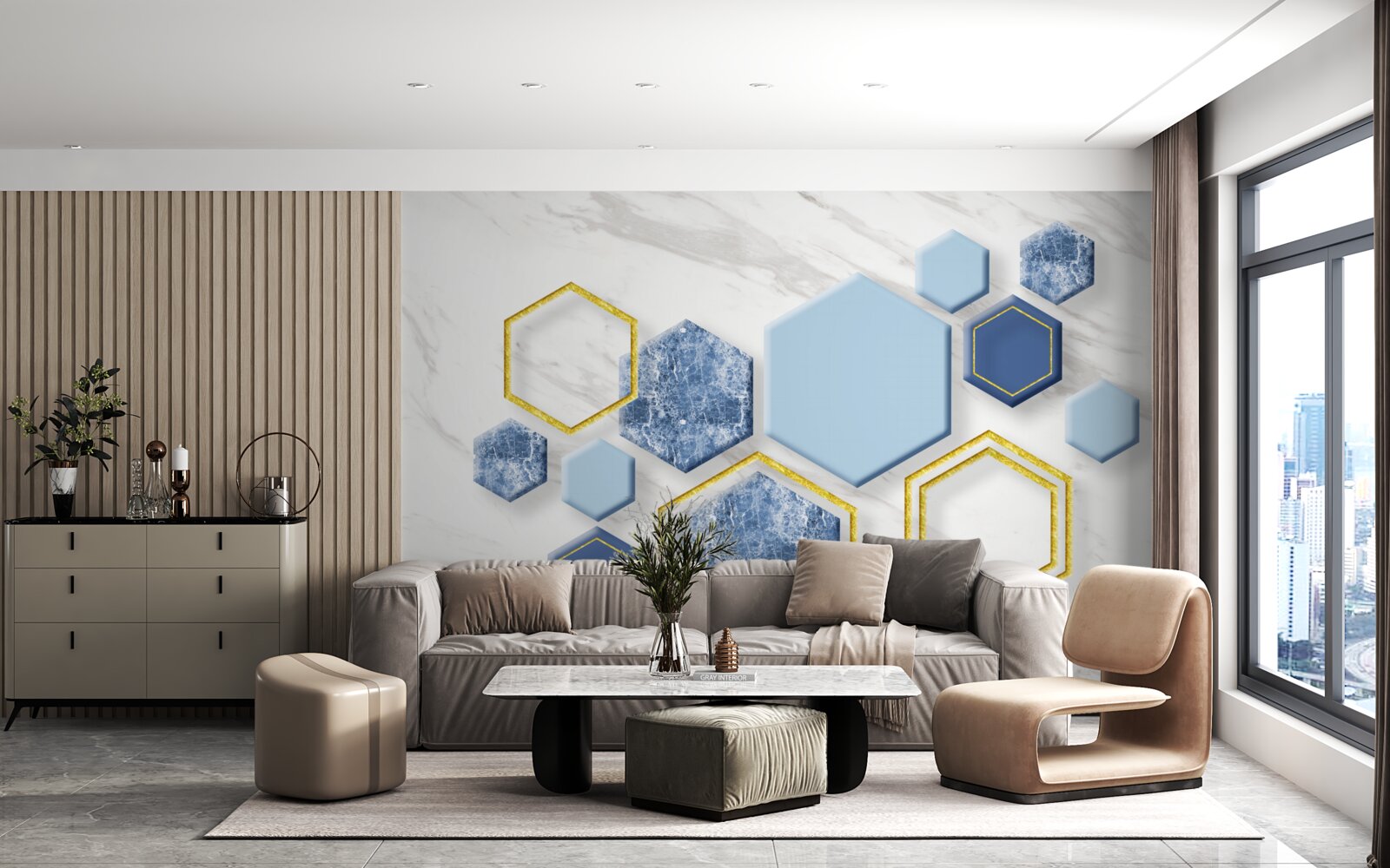 Fototapeta päťuholníkové obrazy z mramoru so zlatými okrajmi