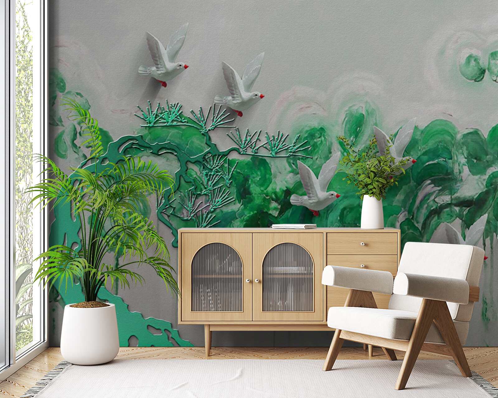 Fototapeta biele vtáky a zelené listy